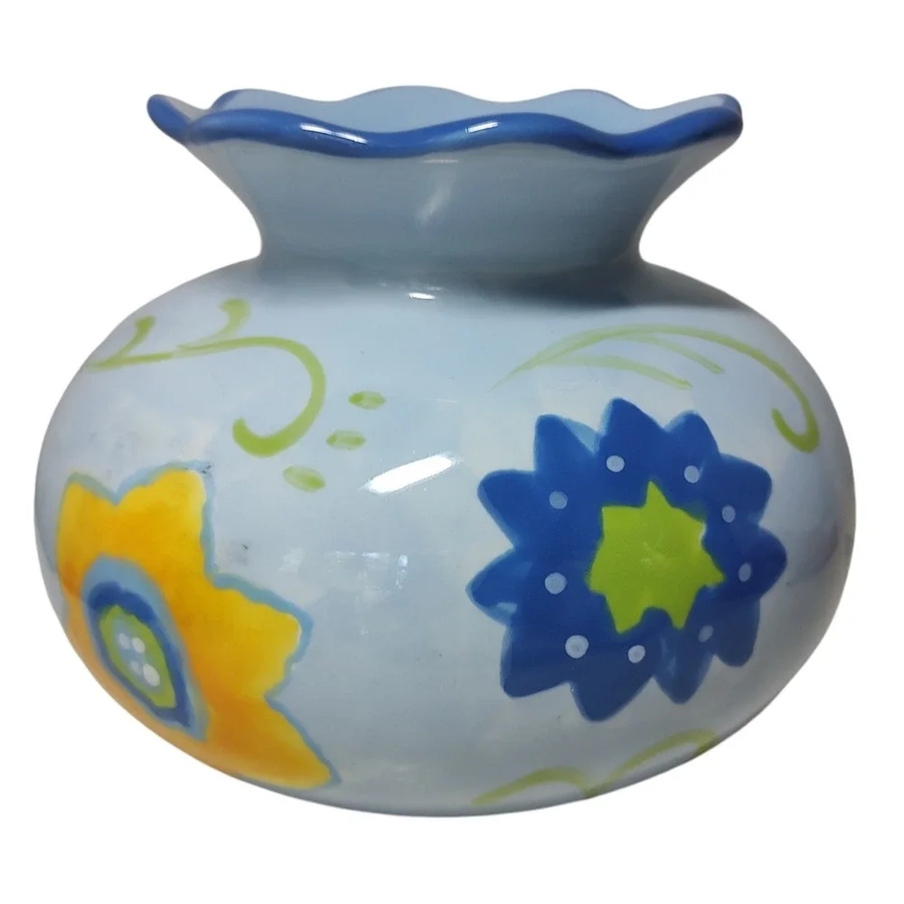 Vintage Kimberly Hodges Hallmark Vase Hand Painted Blue Floral Scalloped‎ Edge